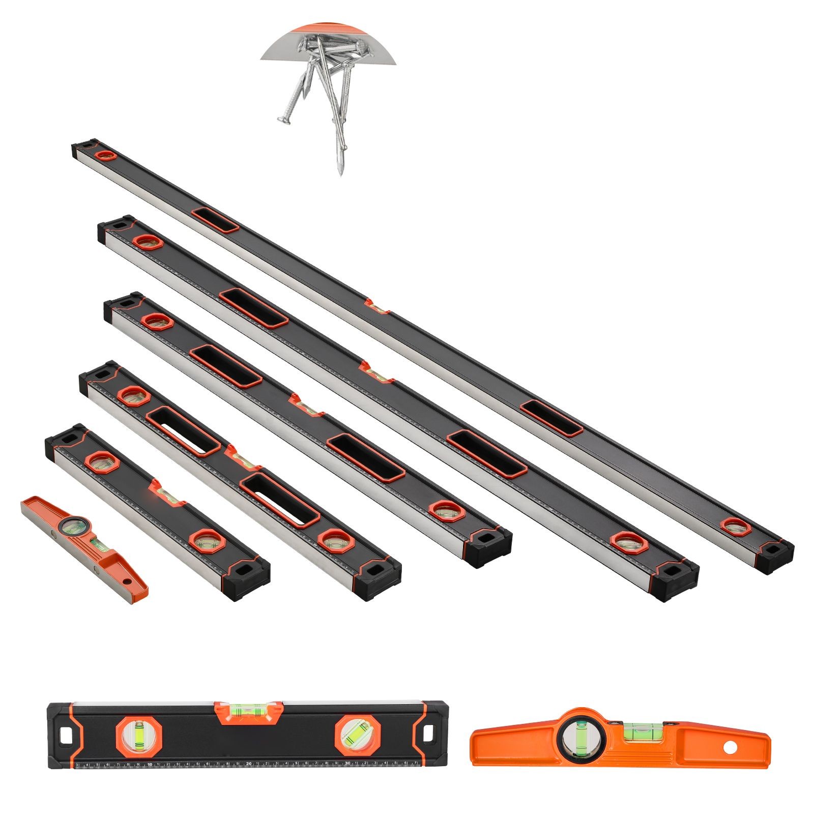 Complete 6-Piece Magnetic Level Set - Precision Bubble Vials & Ruler