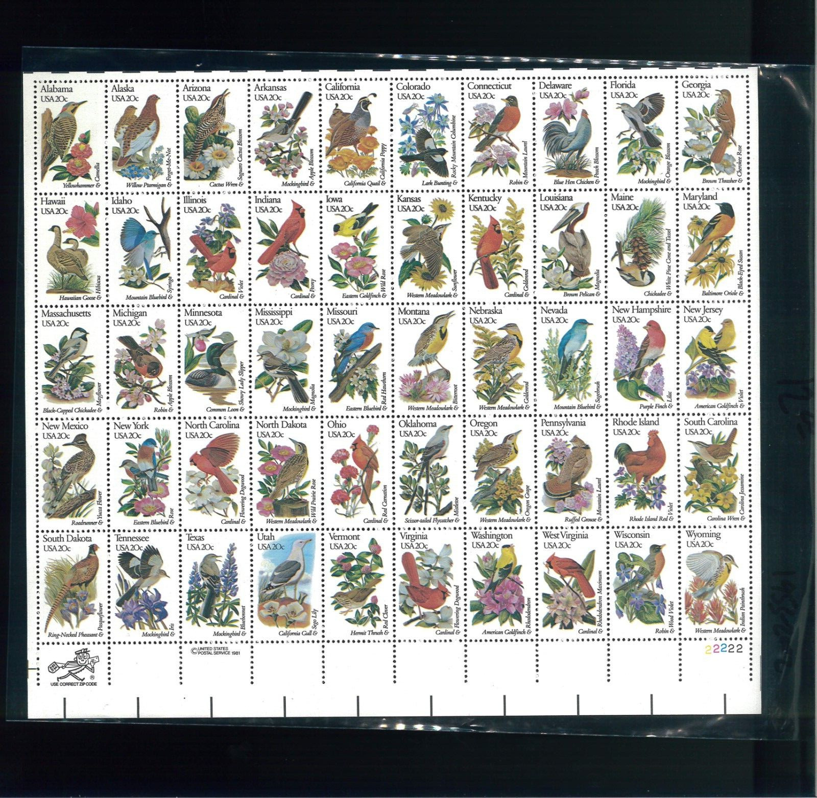 United States 20¢ State Birds & Flowers Postage Stamp #1953-2002 MNH Full Sheet