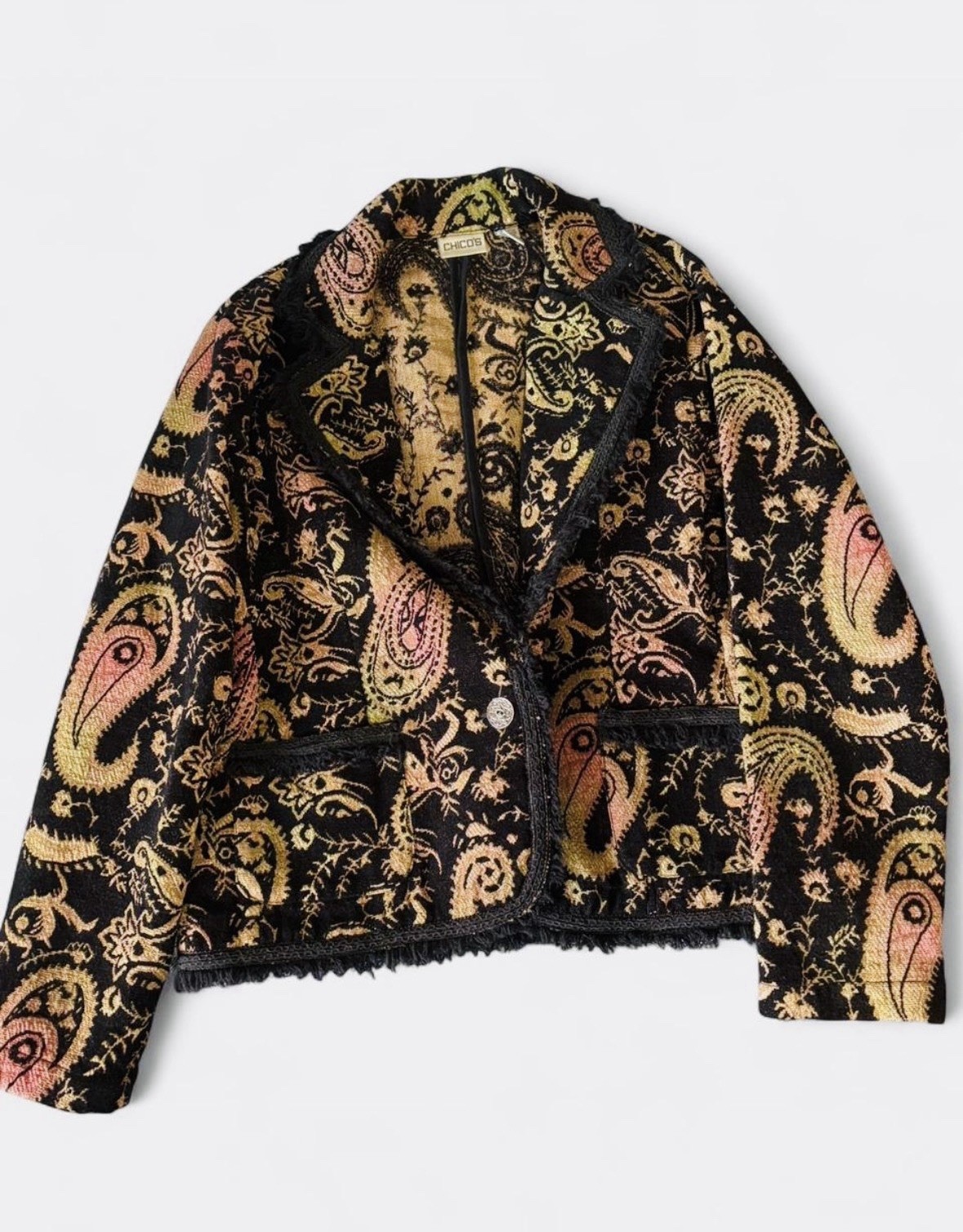 Vintage Chico\'s tapestry jacket with Paisley Fringe, black gold & pink