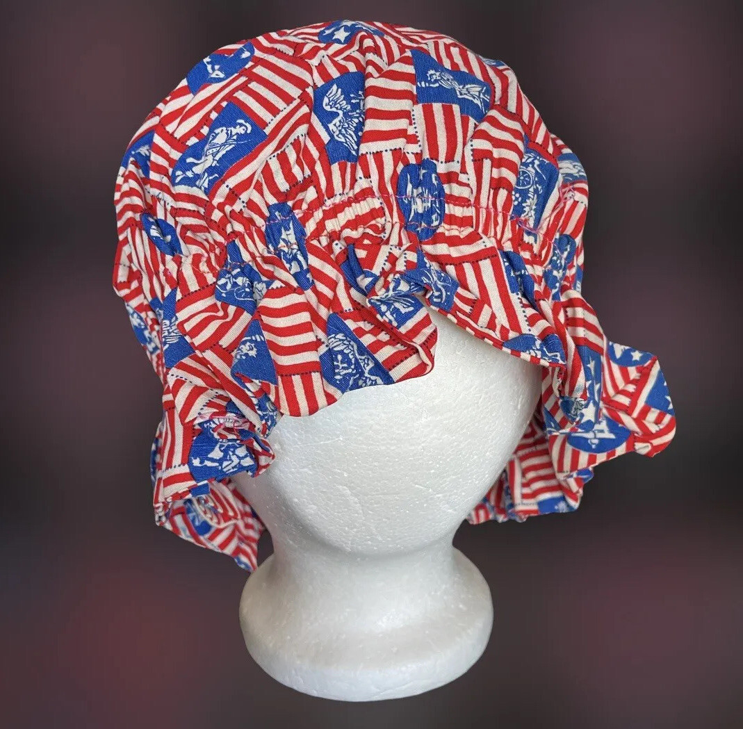 Vintage Colonial Bonett Style Women\'s Patriotic Print Fabric Hat OS