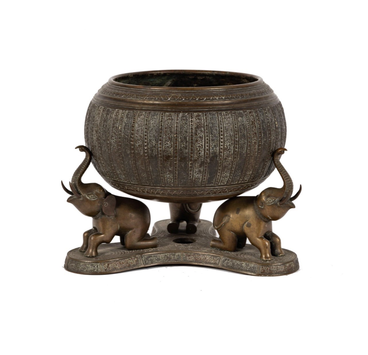 19thC. Antique Indian Heavy Cast Bronze Singing Bowl On Elephant Stand