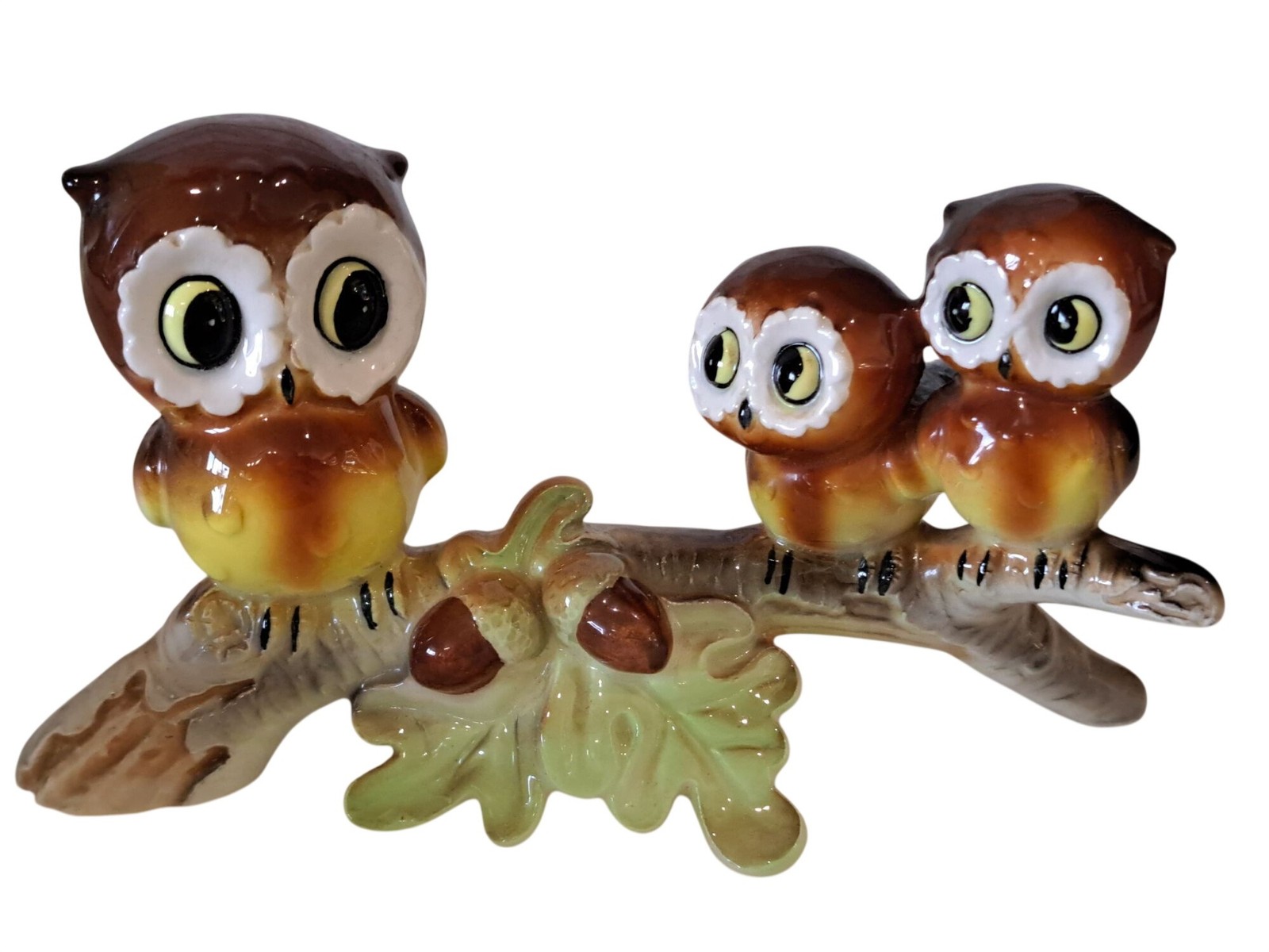 VTG  Japan Ceramic Owl Family Figurine On Tree Branch Acorn Art Home Decor  MCM