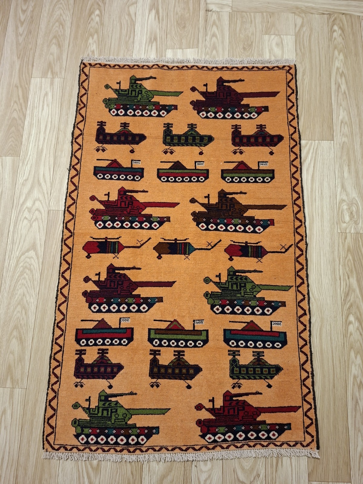 S30 Vintage War Rug Handmade Knotted Afghan Tribal Area Rug 129×81 Cm