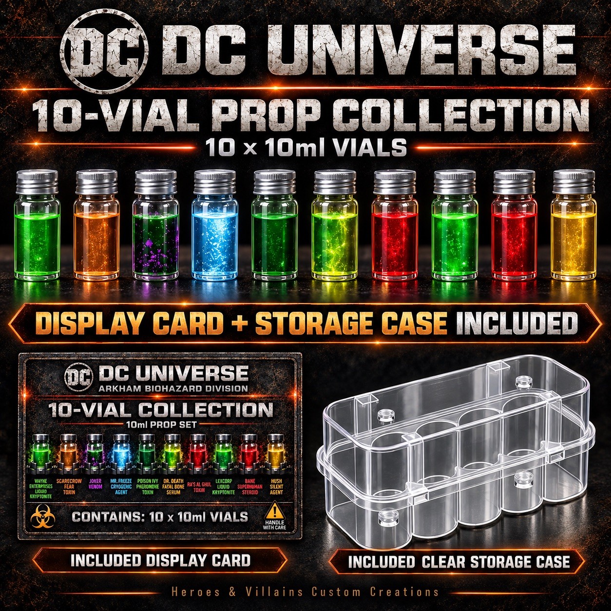 Complete 10 Vial Set of 10ml Glowing Glass Prop Vials inspired by the DC Comics