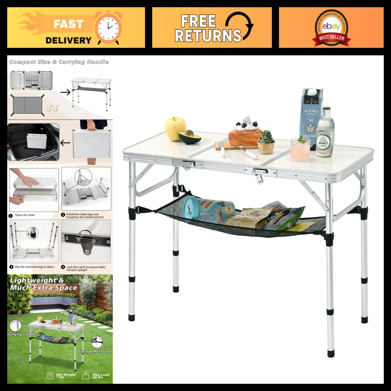 Lightweight Portable Folding Table with Storage Net - Ideal for Picnics & Campin Lightweight Portable Folding Table with Storage Net - Ideal for Picnics & Campin