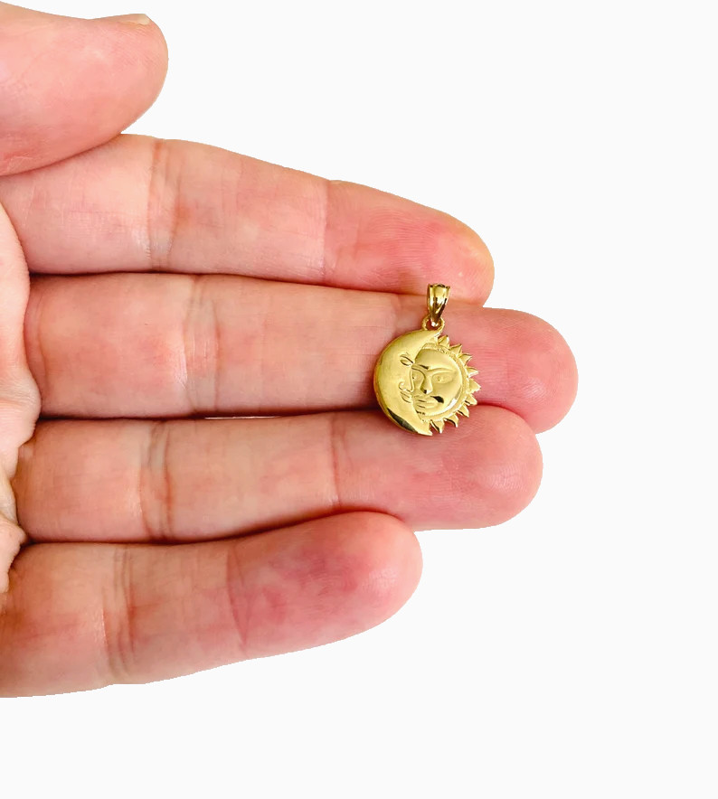 14K Solid Gold Sun & Moon Pendant - 19mmx13mm Small Celestial Charm- PT1936