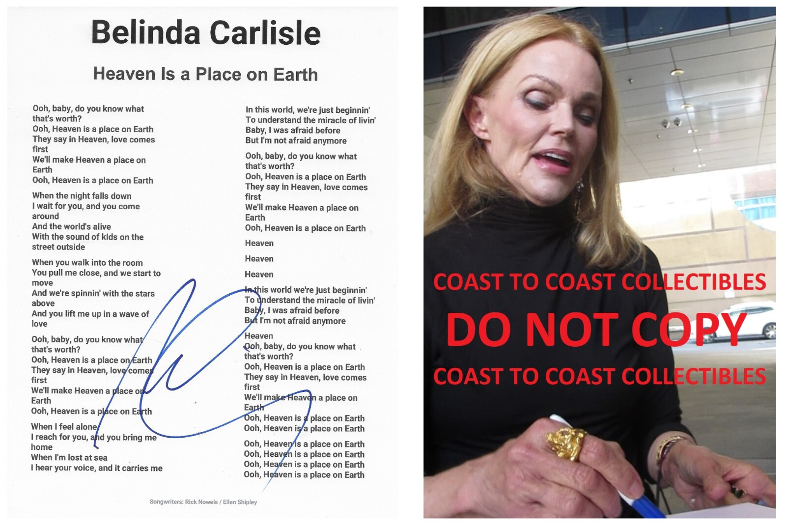 Belinda Carlisle Signed Heaven Is A Place On Earth Lyrics Sheet Proof Autograph