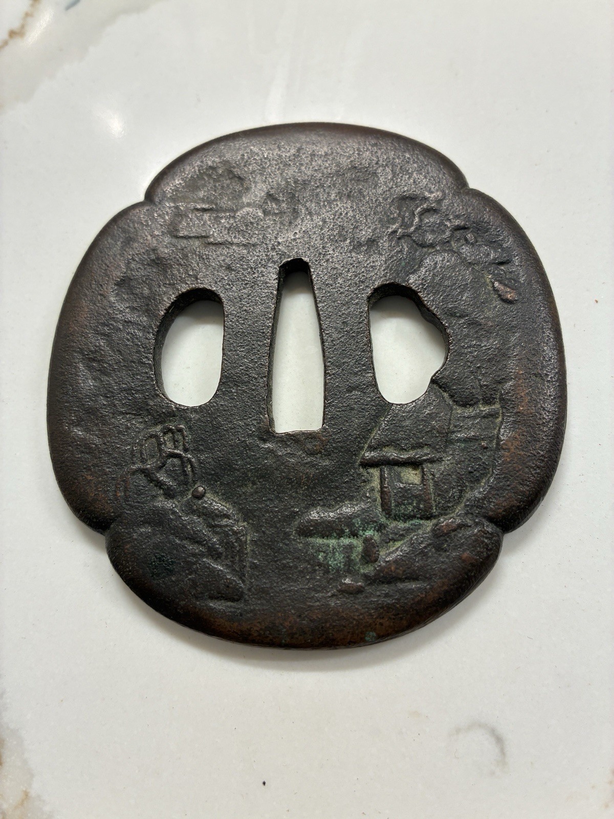 Antique Japanese Iron Tsuba Samurai Sword Guard Scenic Landscape Hut 3\