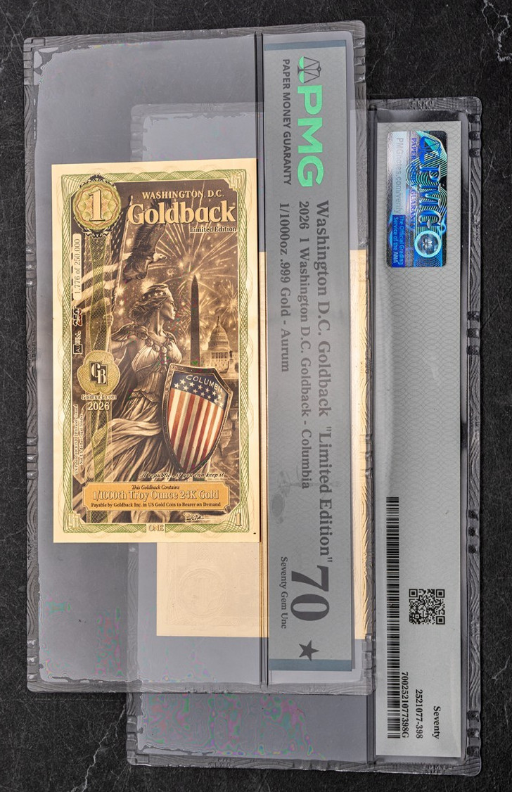 2026 Washington DC 1 Goldback Graded Elite PMG 70 COLORIZED Limited Edition 2026 Washington DC 1 Goldback Graded Elite PMG 70 COLORIZED Limited Edition