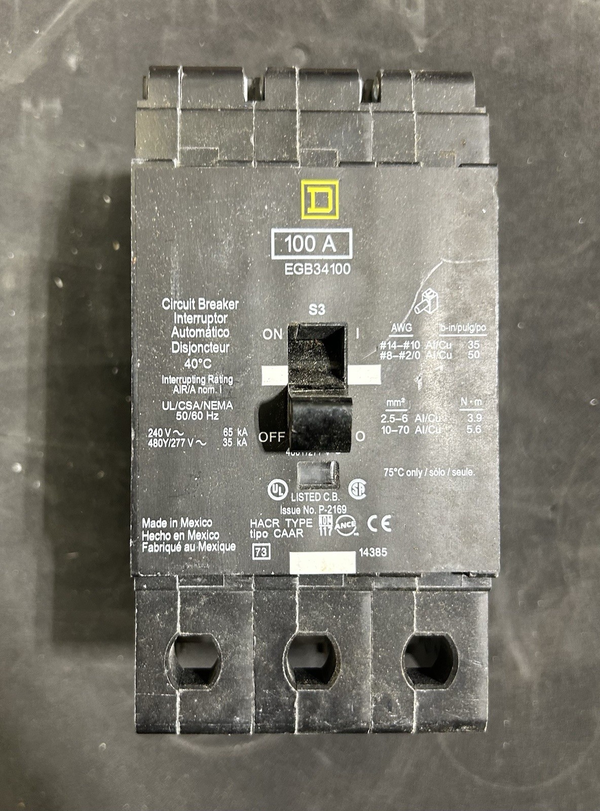 Square D 100 Amp Bolt-On Circuit Breaker 480Y/277 VAC 3 Pole  EGB34100
