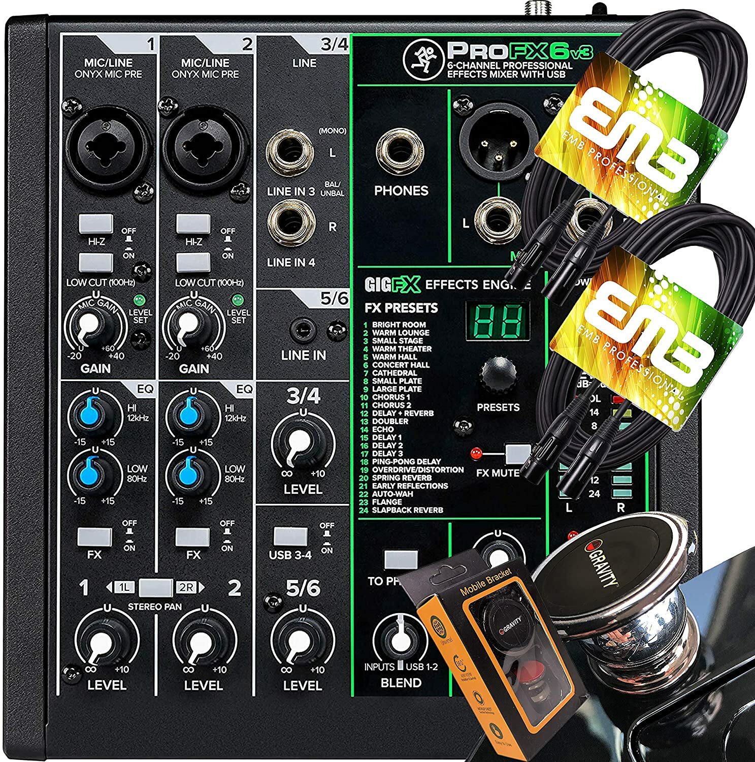 Mackie ProFX6v3 6-channel Mixer w/ USB + 2x EMB XLR Cables + Magnet Phone Holder