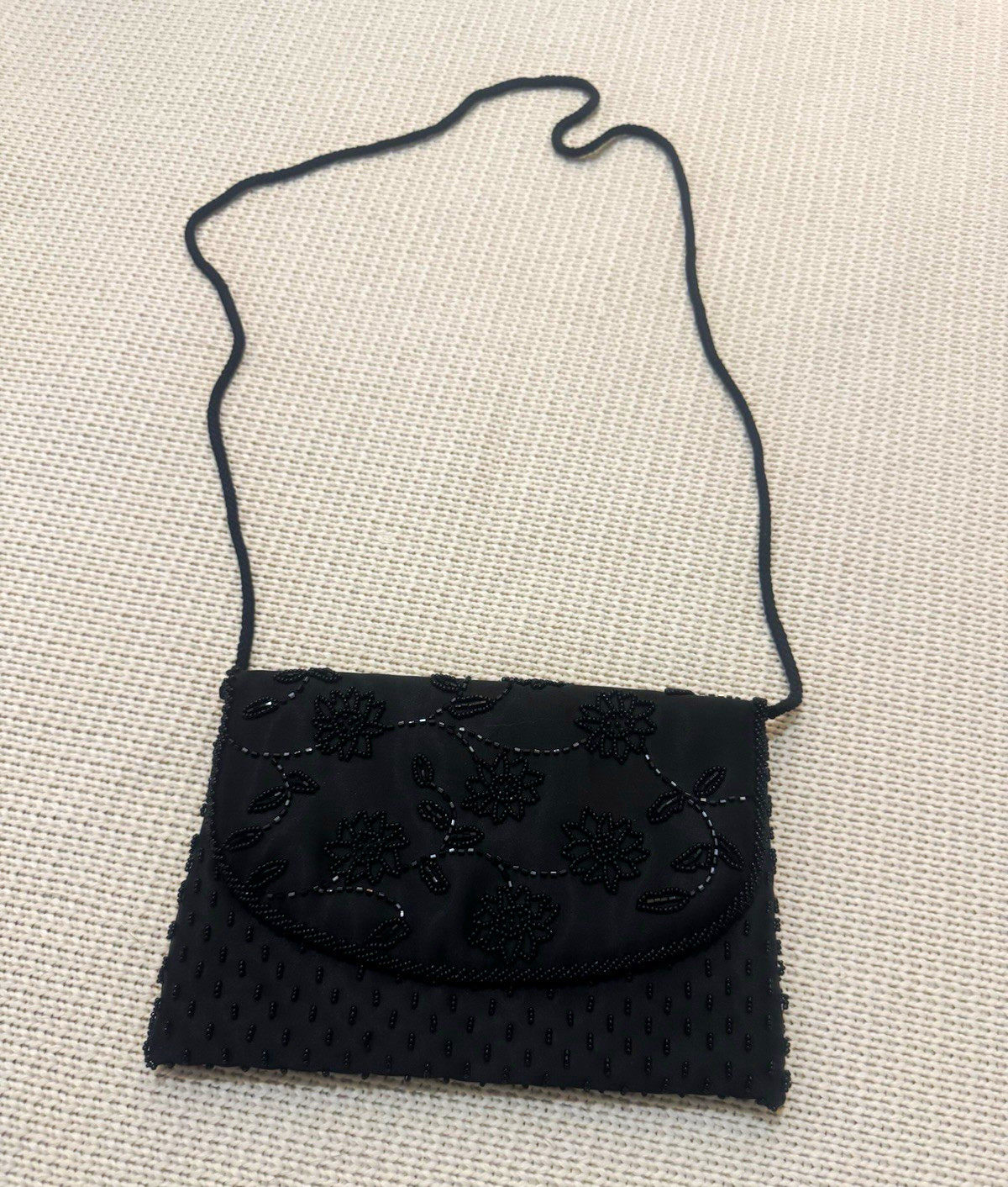 Vintage 1960’s Black Beaded Floral Small Shoulder Bag, Snap Closure Vintage 1960’s Black Beaded Floral Small Shoulder Bag, Snap Closure