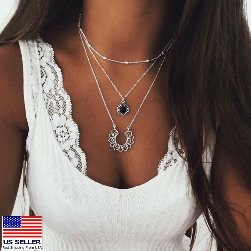 Women Fashion Jewelry Multilayer Boho Silver Chain Necklace Retro Lotus Pendant