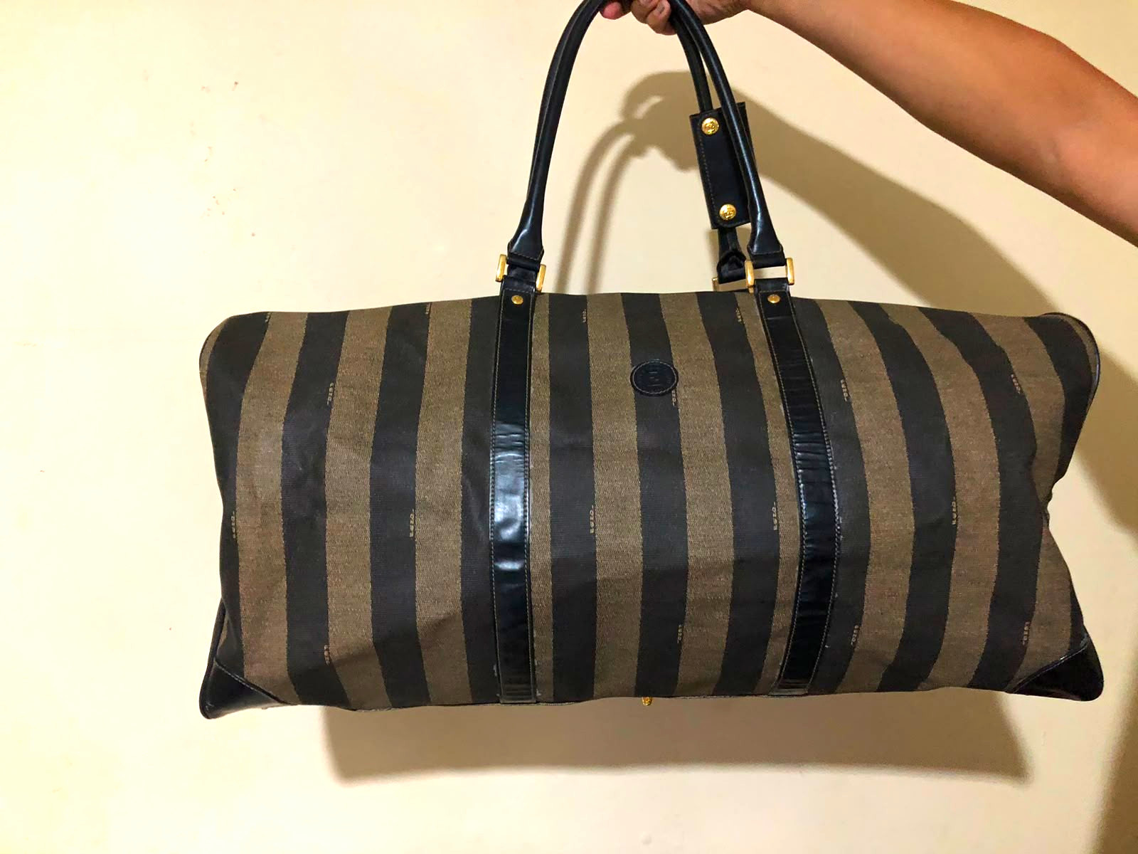 Fendi Striped Canvas & Leather Duffle Bag, Double Handles, Brown/Black Fendi Striped Canvas & Leather Duffle Bag, Double Handles, Brown/Black