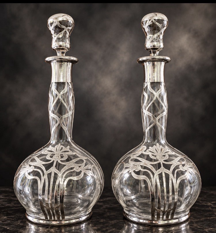 Pair Antique Alvin Art Nouveau .999 Fine Silver Overlay Glass Decanters 480