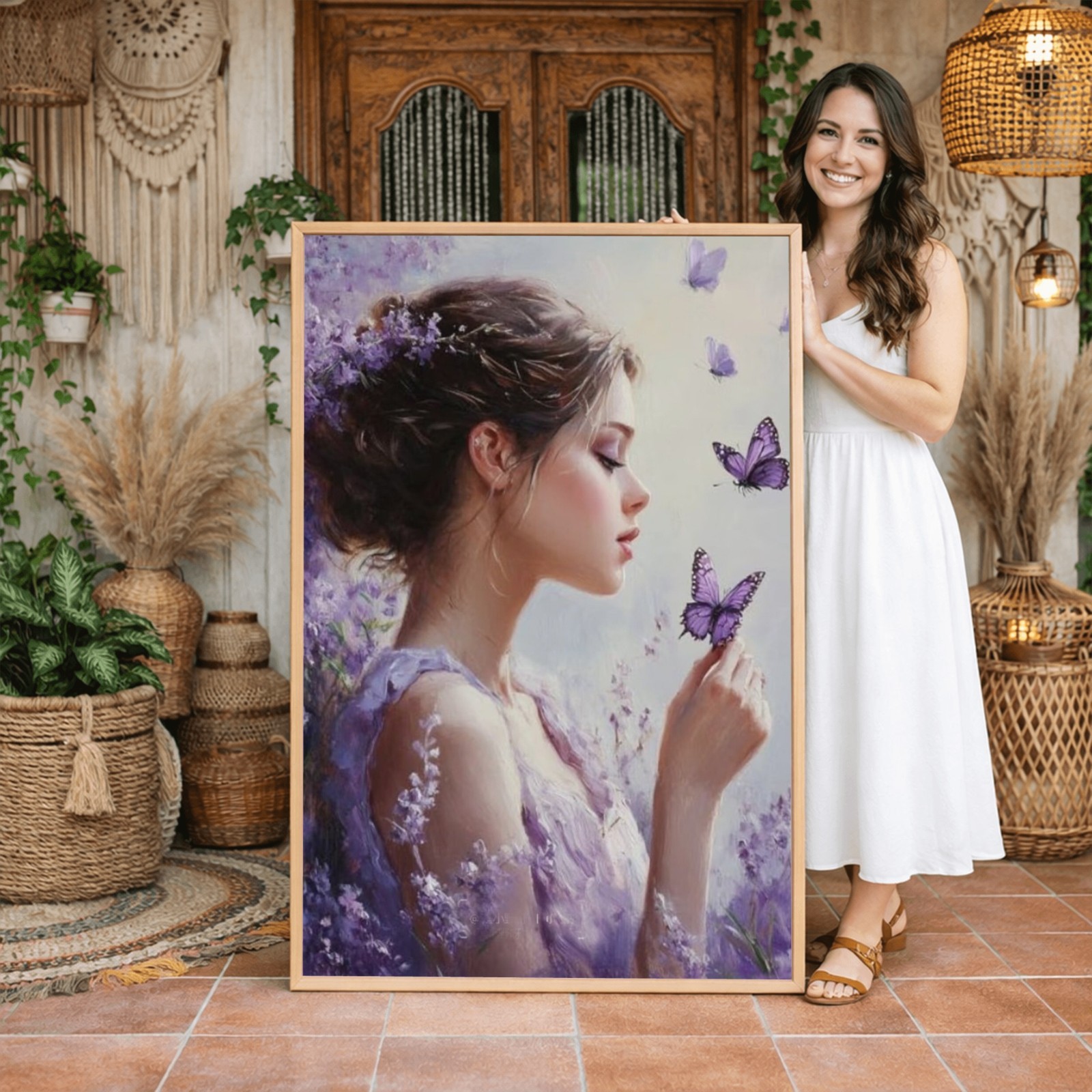 Hand Painted Oil Painting Young Woman Lavender Purple Butterflies Romantic 36\ Hand Painted Oil Painting Young Woman Lavender Purple Butterflies Romantic 36\