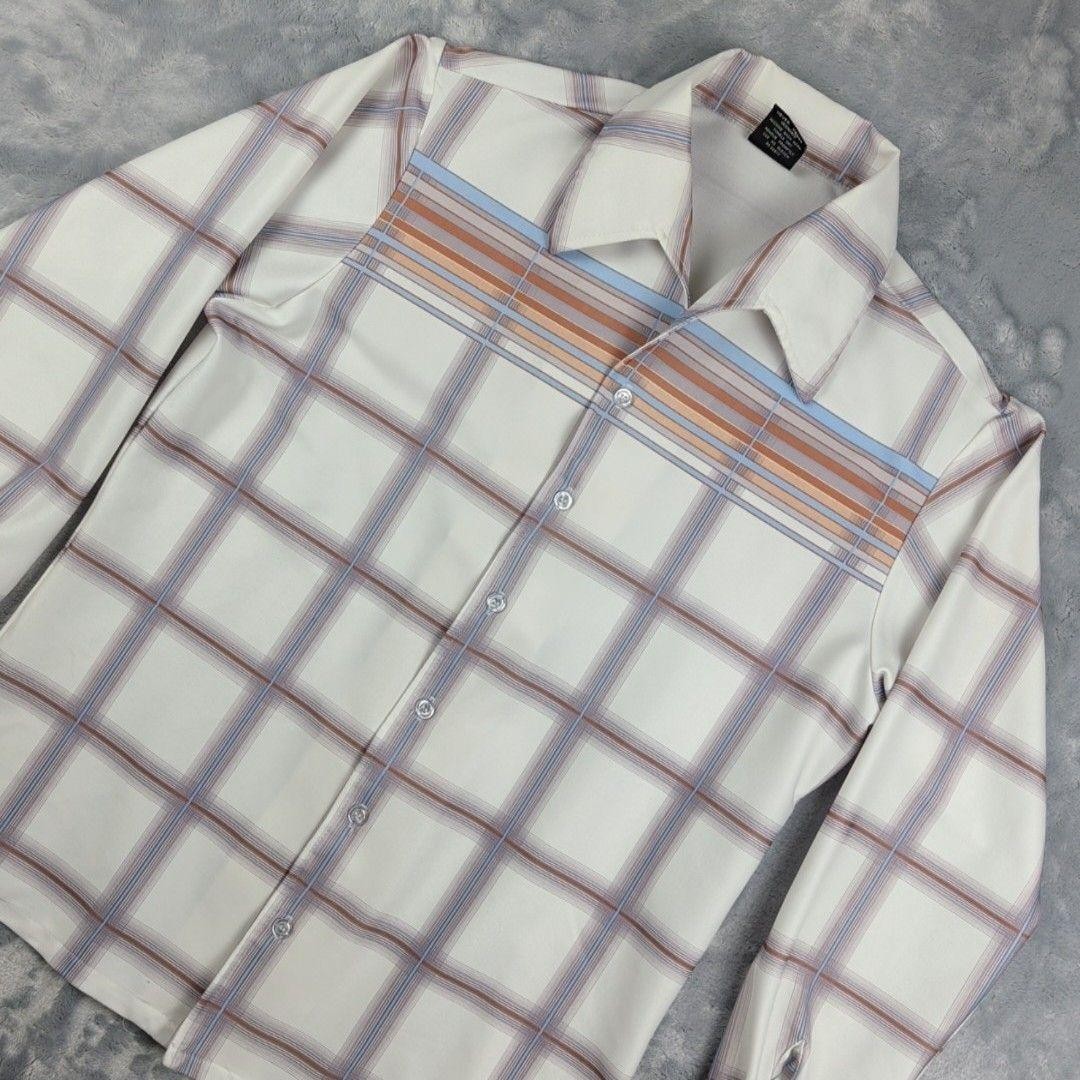 Vintage Joel Shirt Mens Medium White Plaid Long Sleeve Disco 70s Polyester