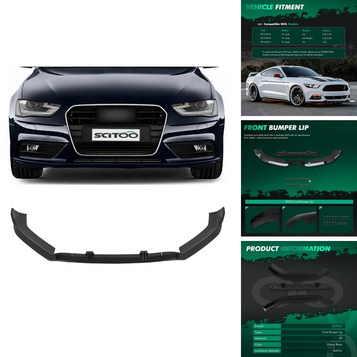 SCITOO Glossy Black Front Bumper Lip For Audi 119593-5206-2047053851 SCITOO Glossy Black Front Bumper Lip For Audi 119593-5206-2047053851