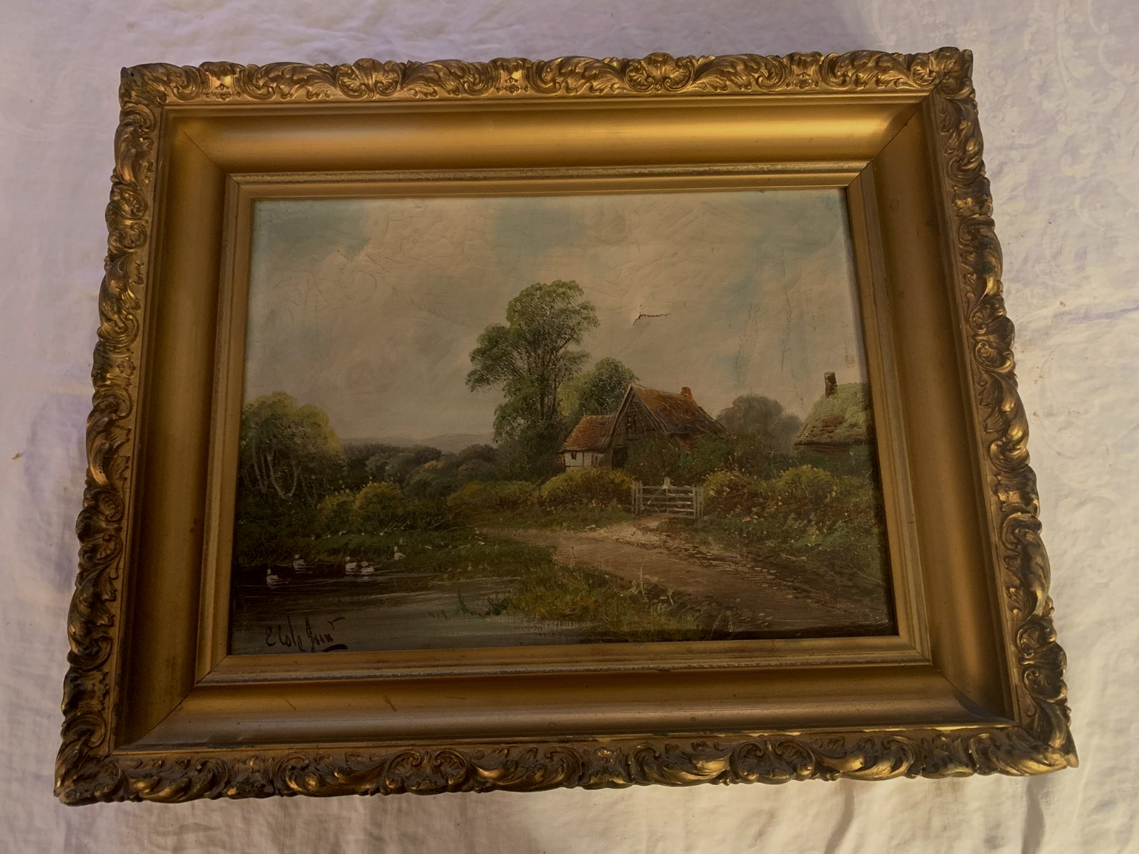 Antique  Signed  Oil Painting  Scenic House & Stream..  Ornate Frame  Small Tear