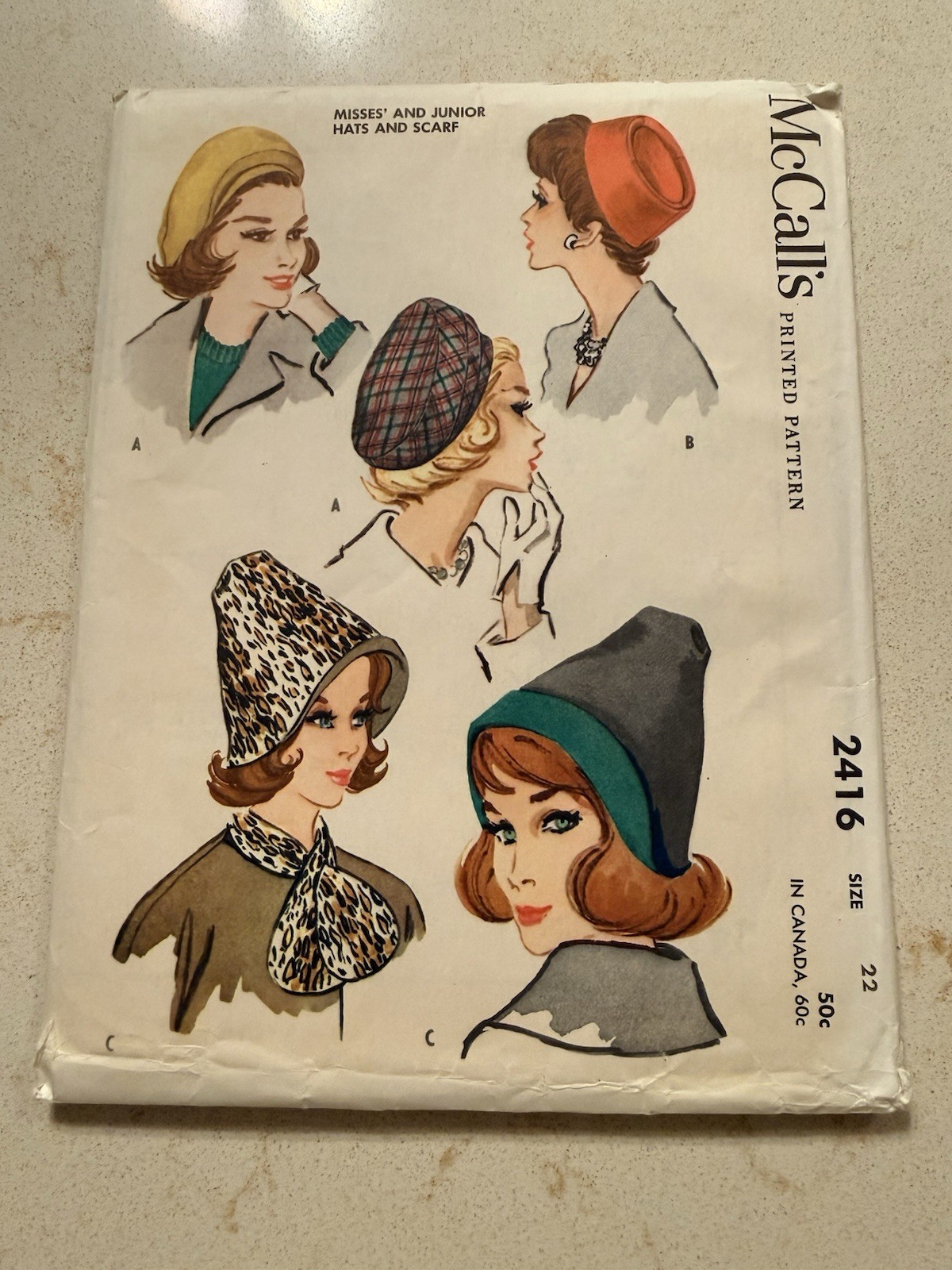 Vintage 60’s McCall's Hat Pattern #2416 Misses and Junior Hats and Scarf MCM