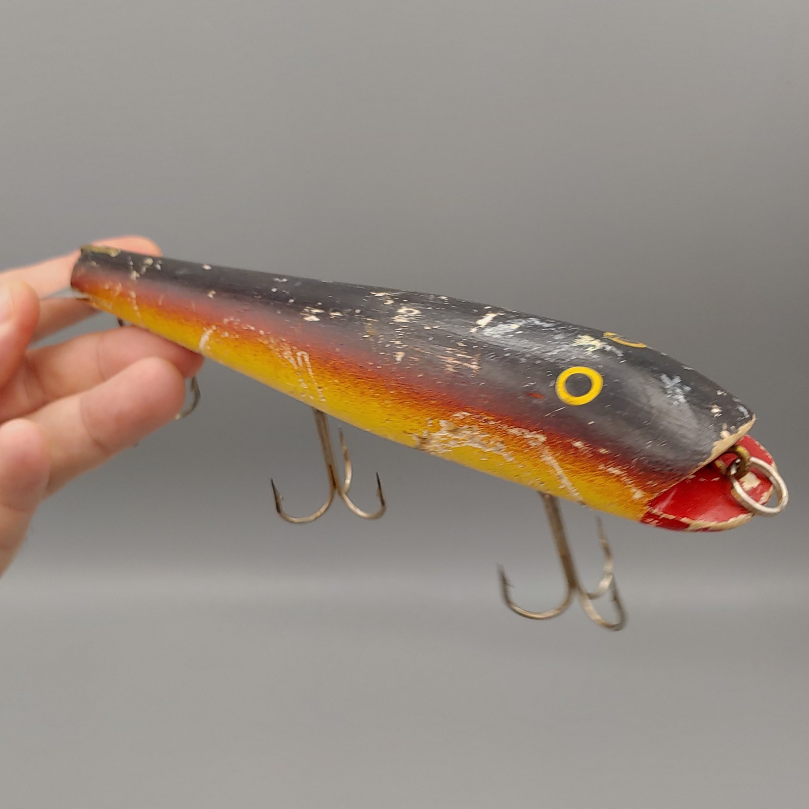 1946 Heddon Musky Flap Tail Wood Fishing Lure 7 Inch Sunburst Gill Cup Rig 1946 Heddon Musky Flap Tail Wood Fishing Lure 7 Inch Sunburst Gill Cup Rig