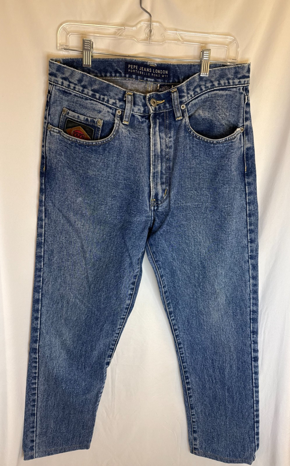 Vtg Pepe mens Blue Jeans medium wash sz 32 metal leather logo patch