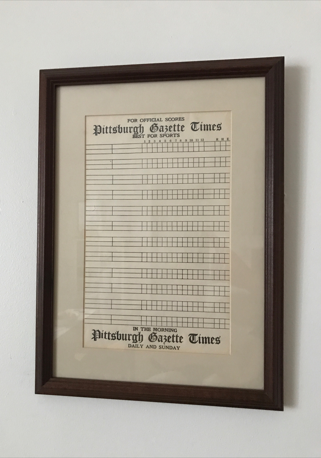 Vtg Pittsburgh Gazette Times Official Score Sheet MLB Professionally Framed RARE