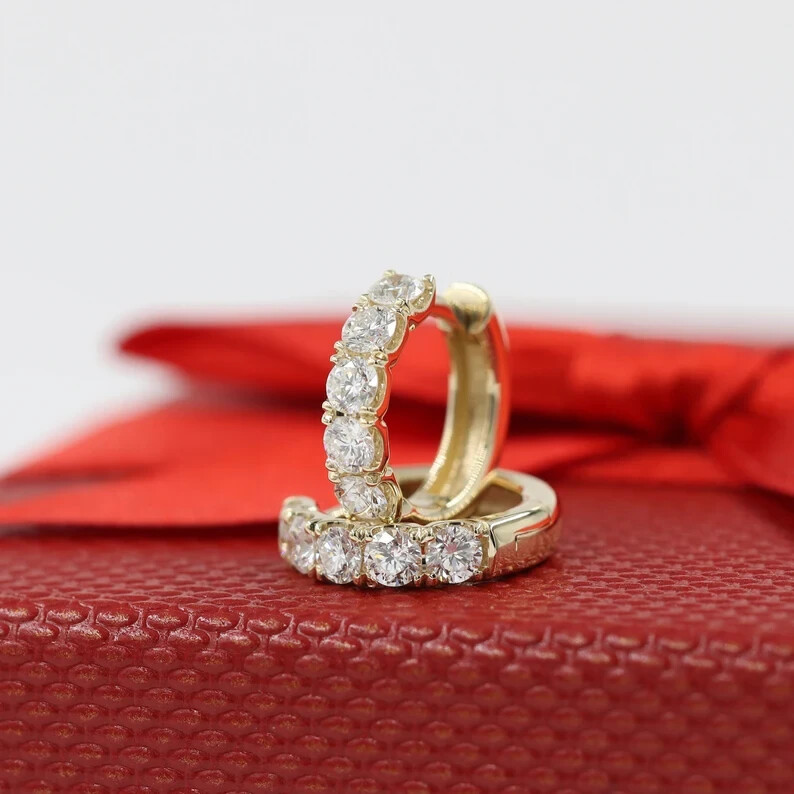 0.70Ct Natural Diamond Huggie Hoop Women's Earrings Solid 14K Yellow Gold