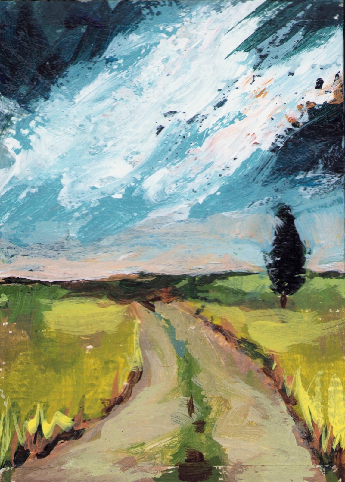 aceo original painting 2.5x3.5, stormy sky, blue and green.