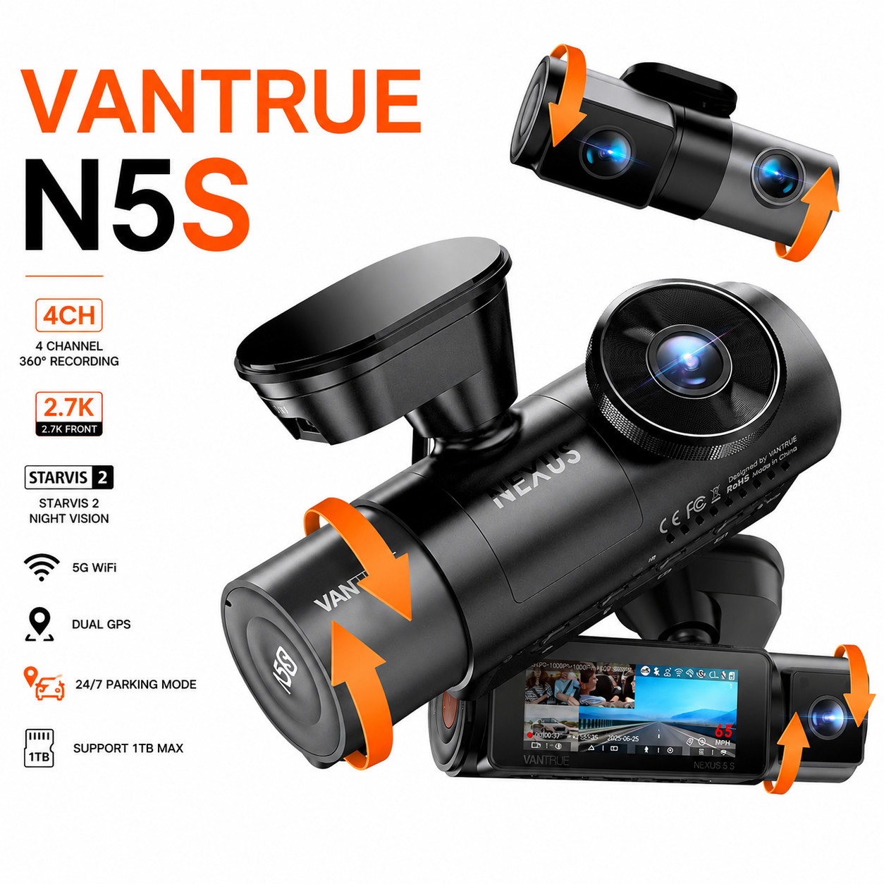Vantrue N5S 4CH 360° 2.7K Dash Cam STARVIS 2 WiFi GPS Voice Parking 1TB Max Mode Vantrue N5S 4CH 360° 2.7K Dash Cam STARVIS 2 WiFi GPS Voice Parking 1TB Max Mode