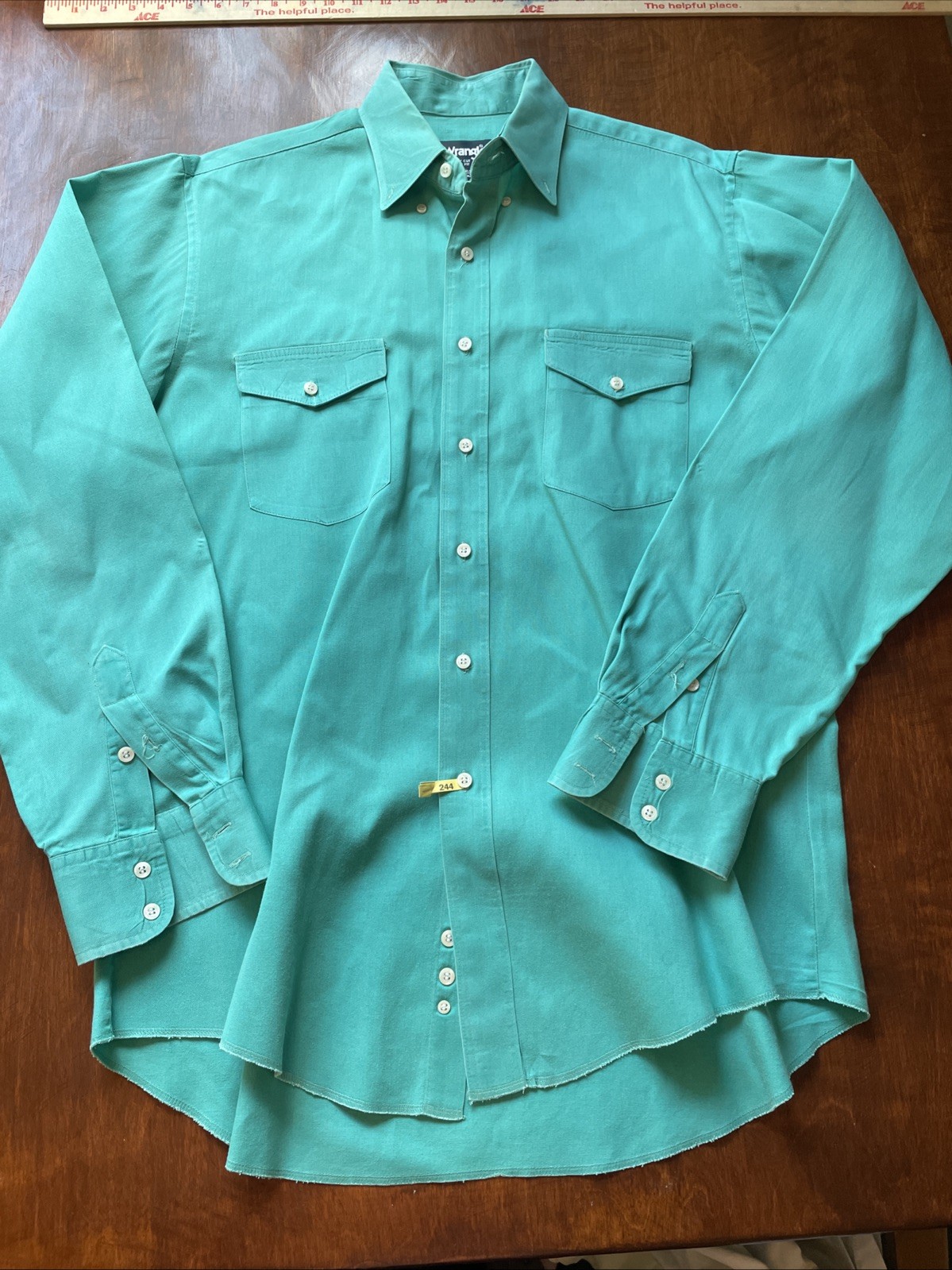 Vtg Wrangler Brushpopper Men’s 16-35 Shirt X-Long Tails Teal Western Cowboy USA Vtg Wrangler Brushpopper Men’s 16-35 Shirt X-Long Tails Teal Western Cowboy USA