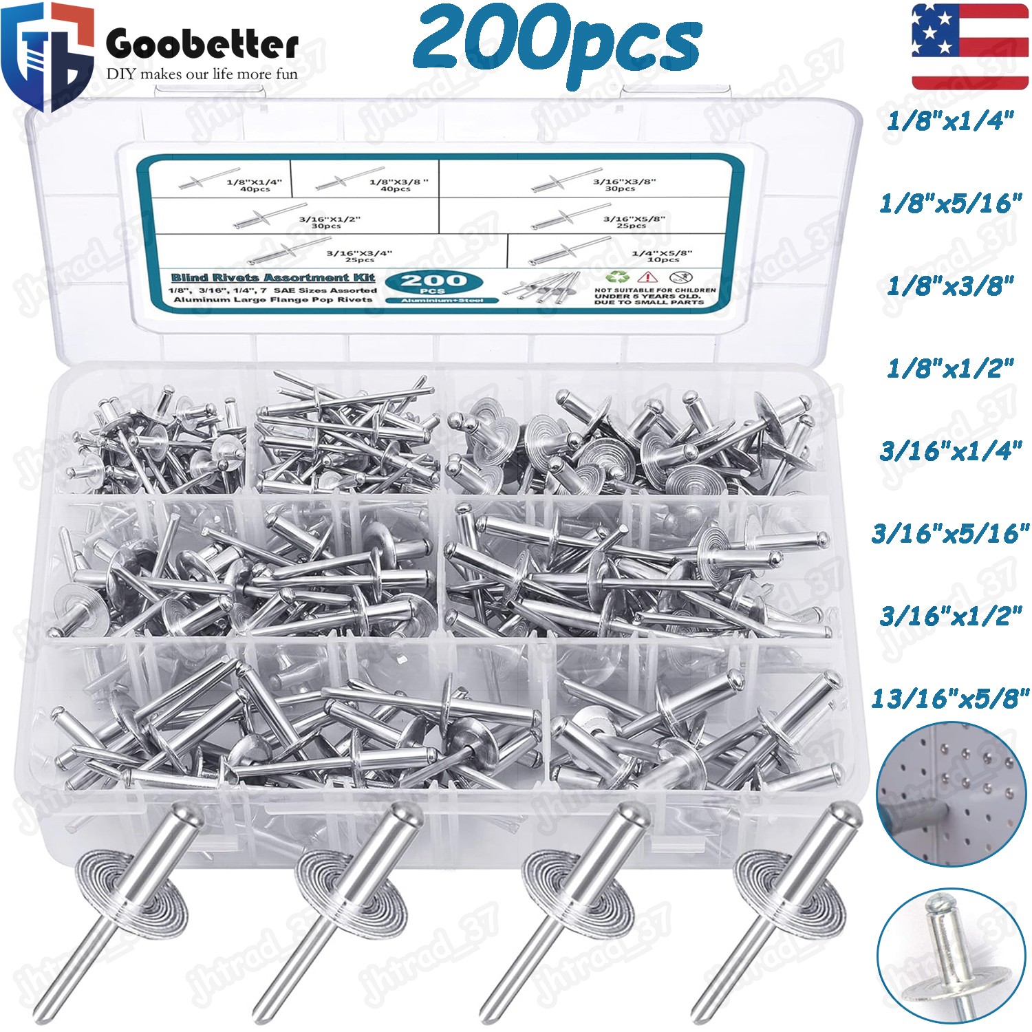 200pcs Pop Rivets Assortment Aluminum 1/8\