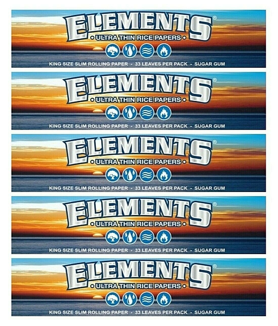5x Elements King Size Slim Rolling Papers Ultra Thin Rice FREE USA Shipping