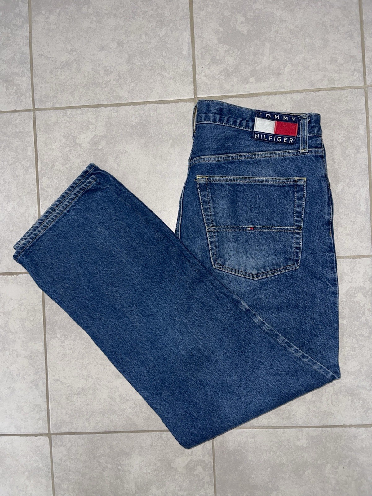 Vintage Tommy Hilfiger Jeans Mens 36x32 Dark Wash 90s Flag Logo Denim