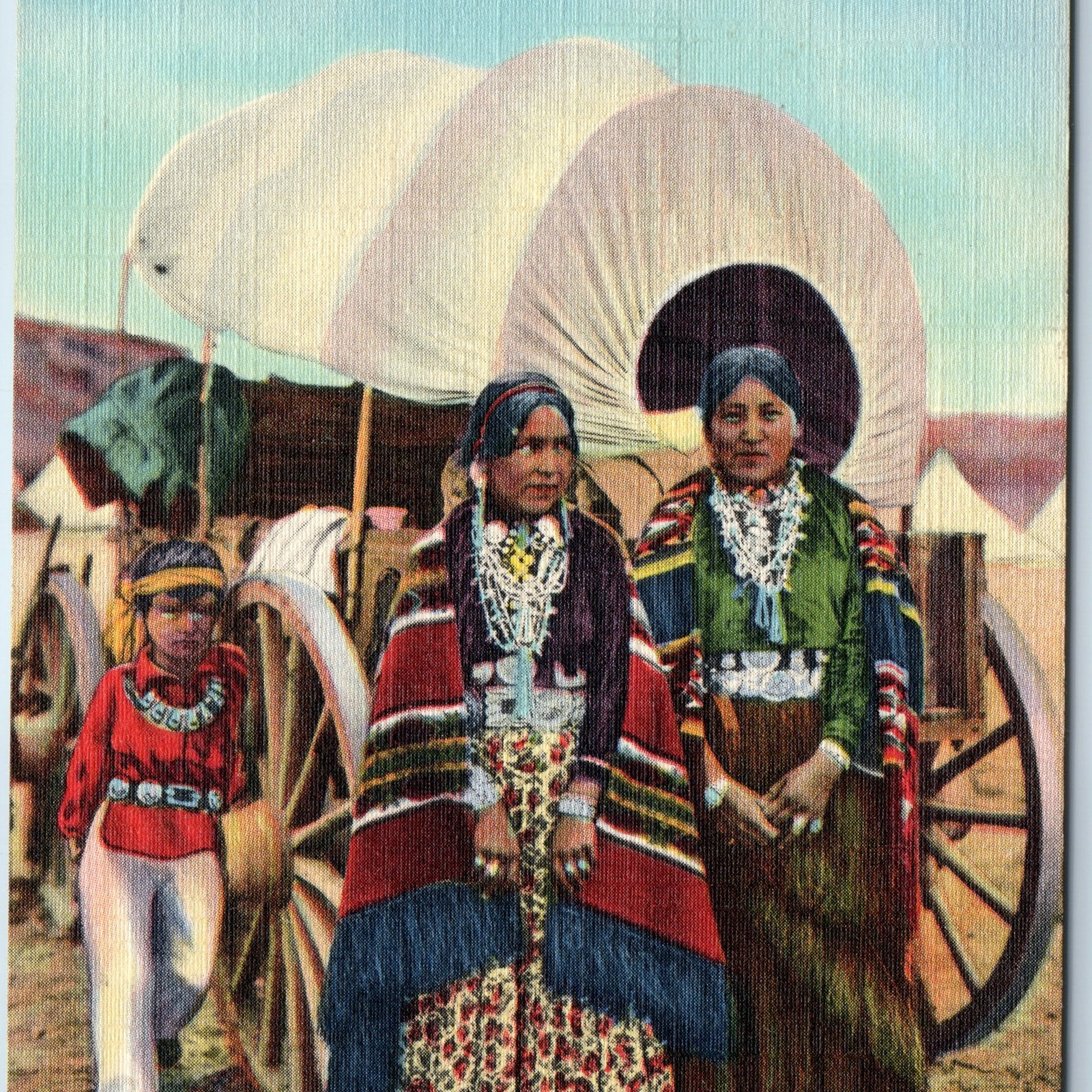c1940s NM Navajo Women Native Costume Covered Wagon Turquoise Jewelry A377