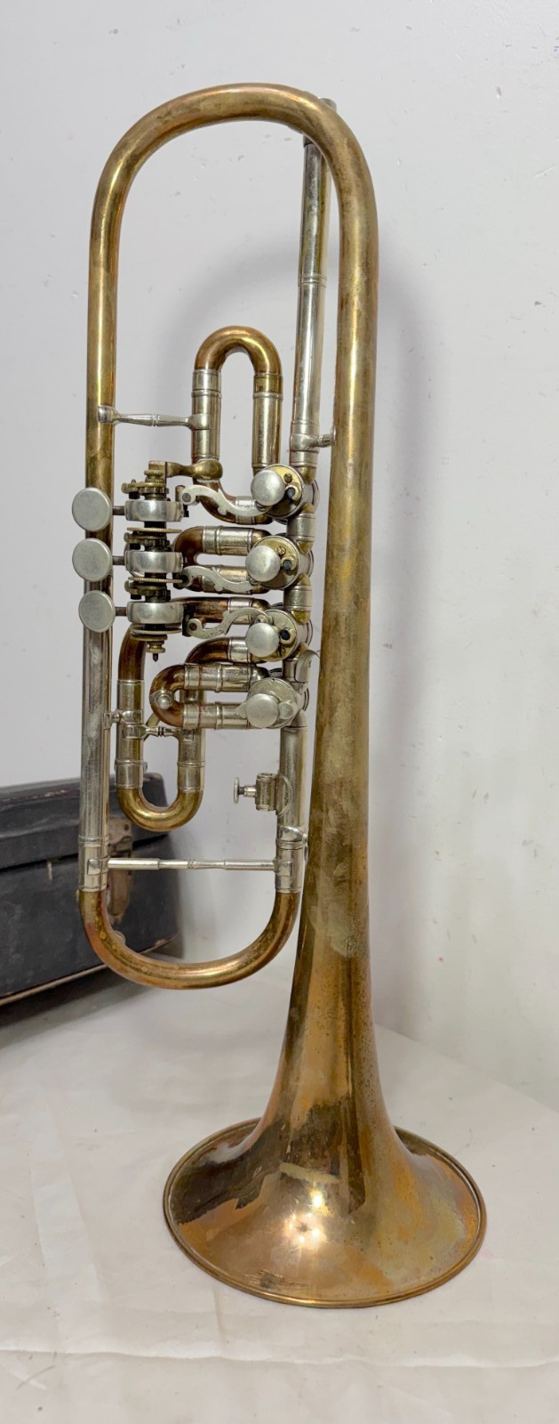 Rare Antique 19th century German two toned brass silver rotary trumpet horn