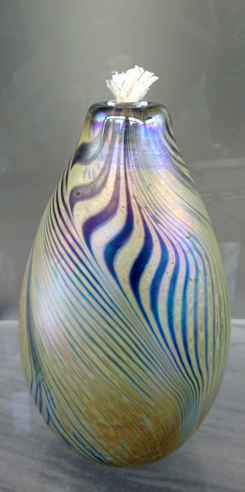 1980 Signed Maytum Studio Art Glass Pulled Feather  Candle Oil Lamp 6*11