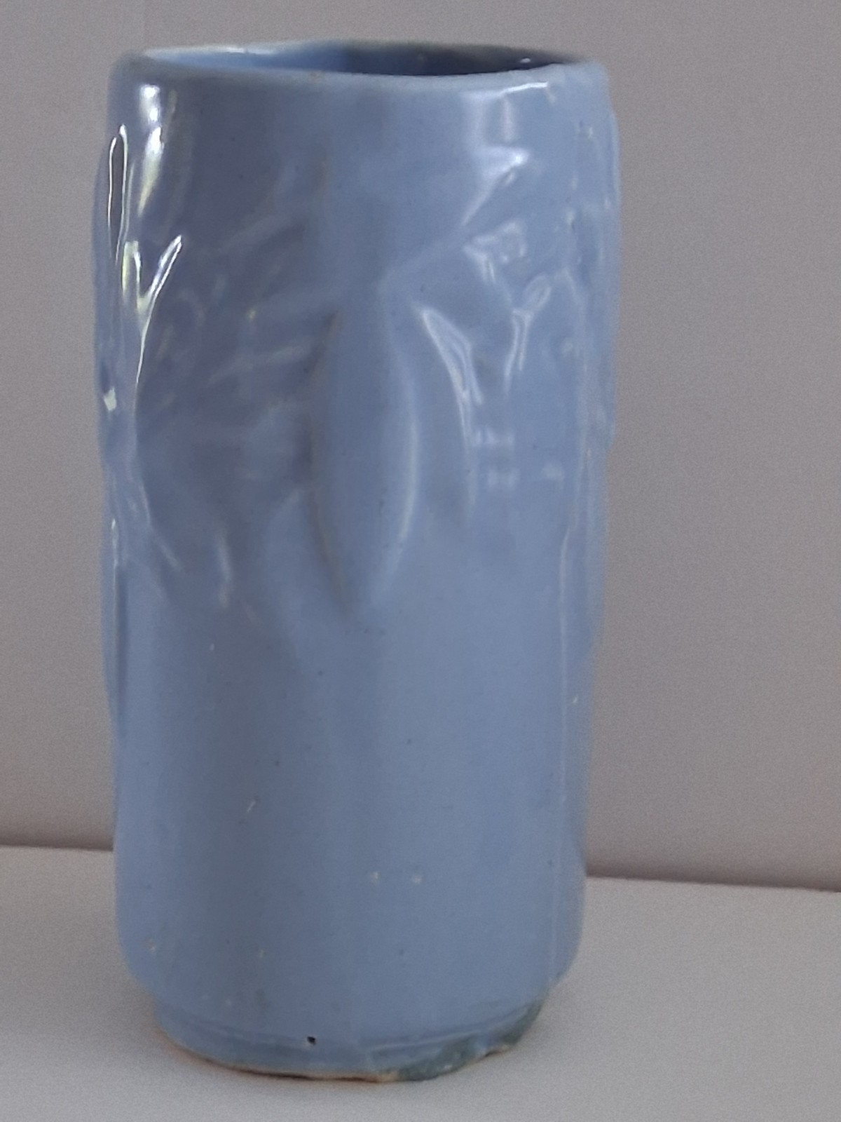 Vintage Nelson McCoy Pottery Blue Butterfly Cylindrical Ceramic Vase 6\
