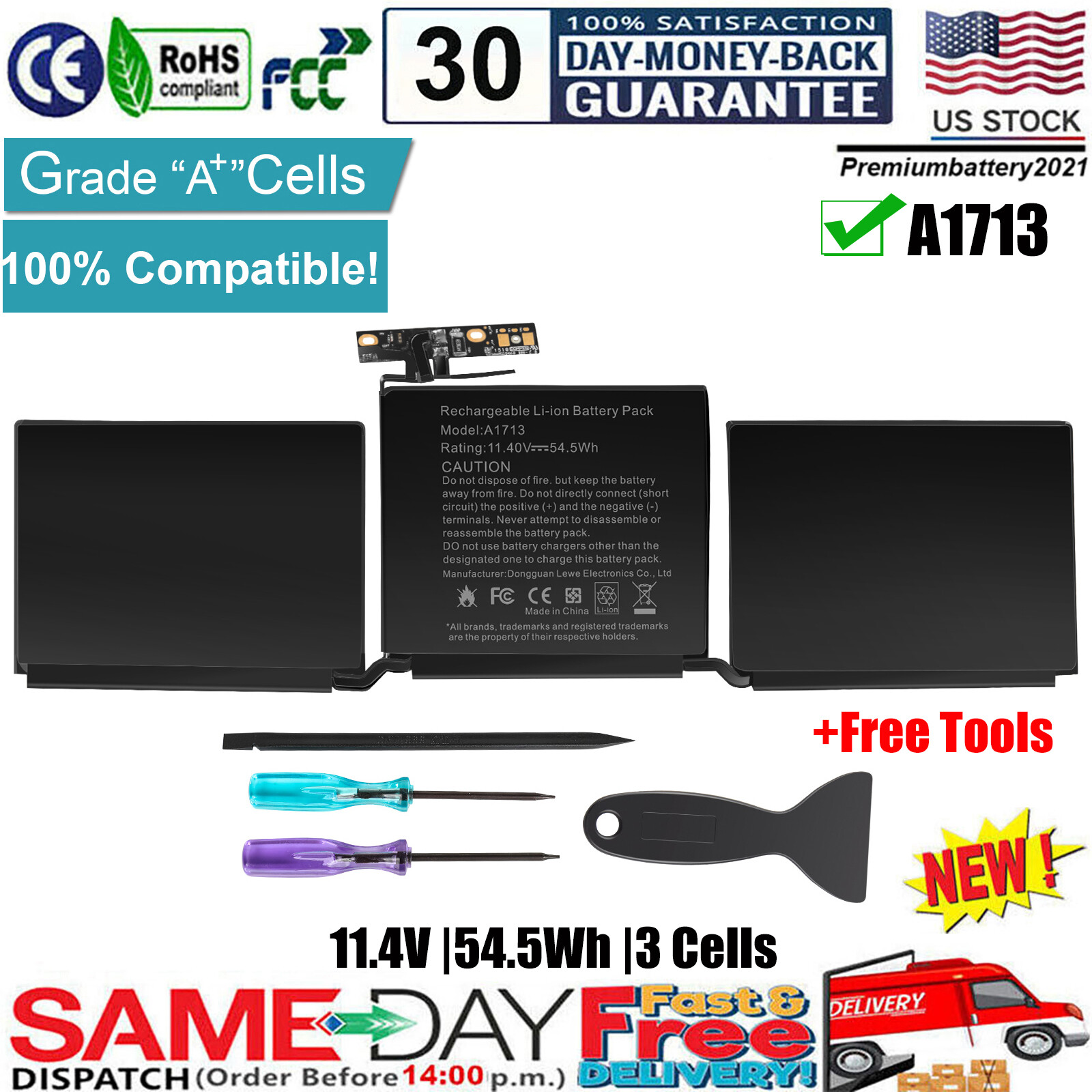 ✅A1708 A1713 Battery for Apple MacBook Pro 13’’ A1708 Late 2016/ 2017 EMC 3164