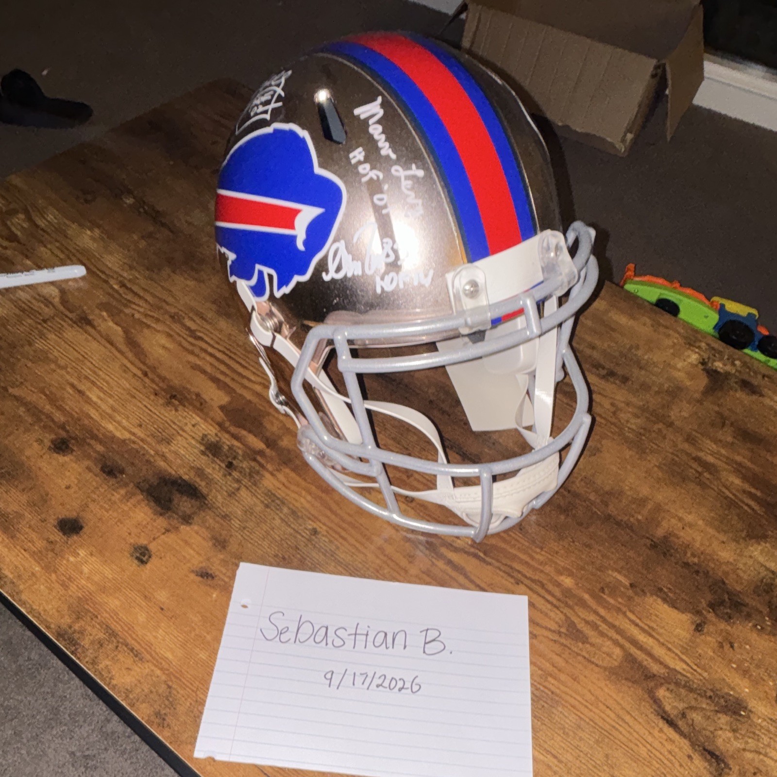 Riddell Buffalo Bills Chrome Helmet Signed Jim Kelly, Marv Levy, Andre Reed HOF