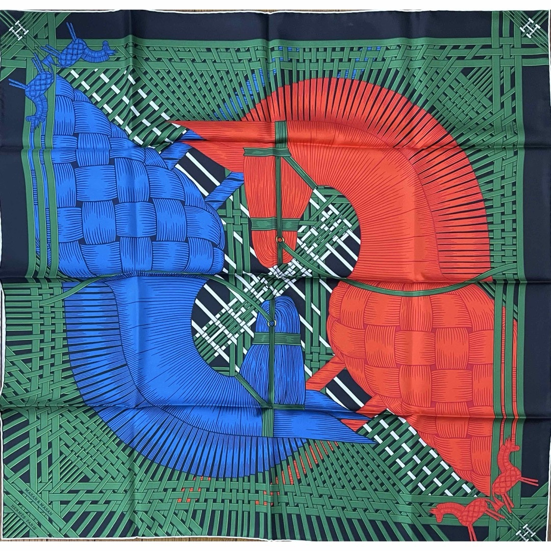 Hermes Scarf MASAN & MASAN 90 cm silk green red Carre horse thread 35\