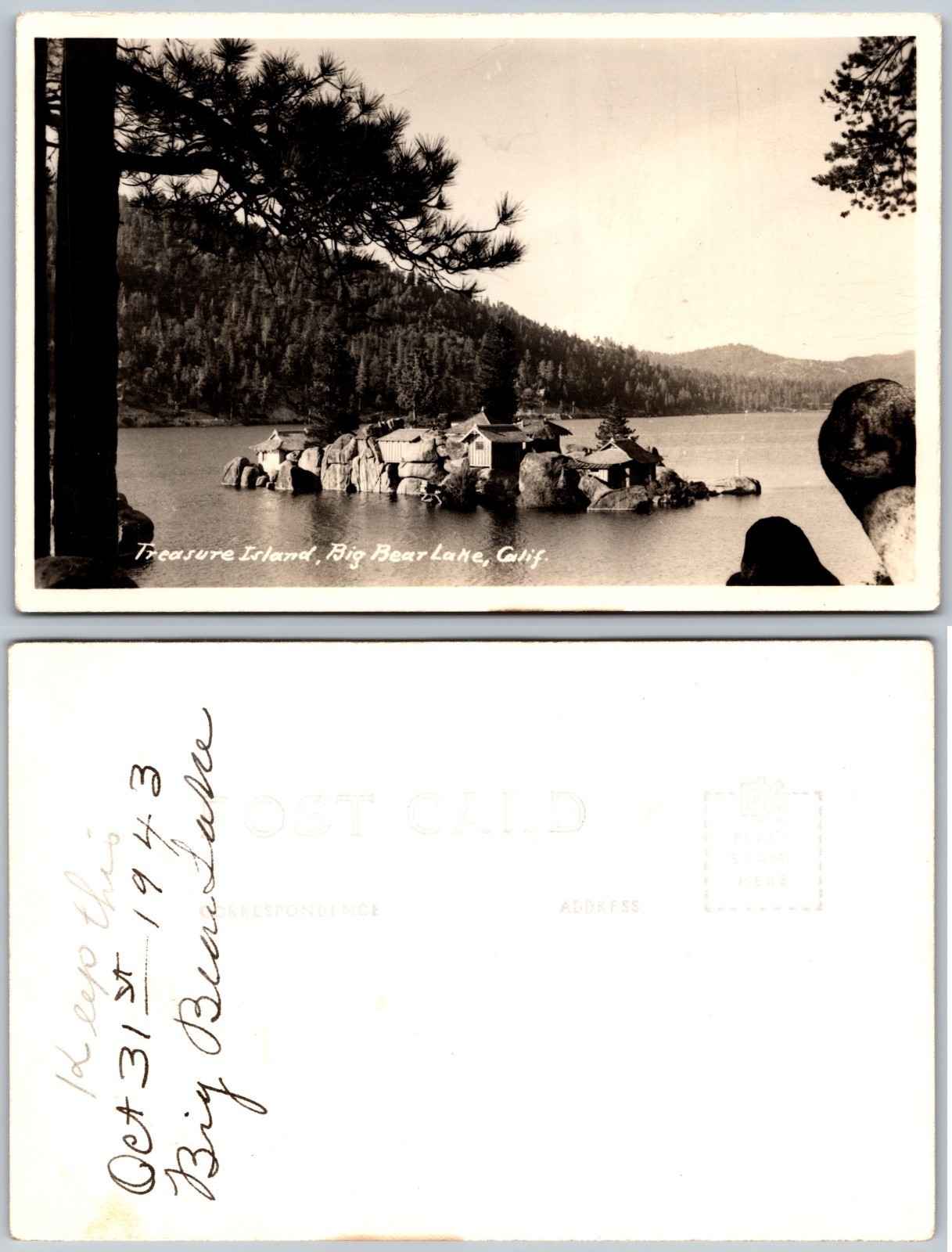 Vintage 1943 RPPC Treasure Island Big Bear Lake California Postcard
