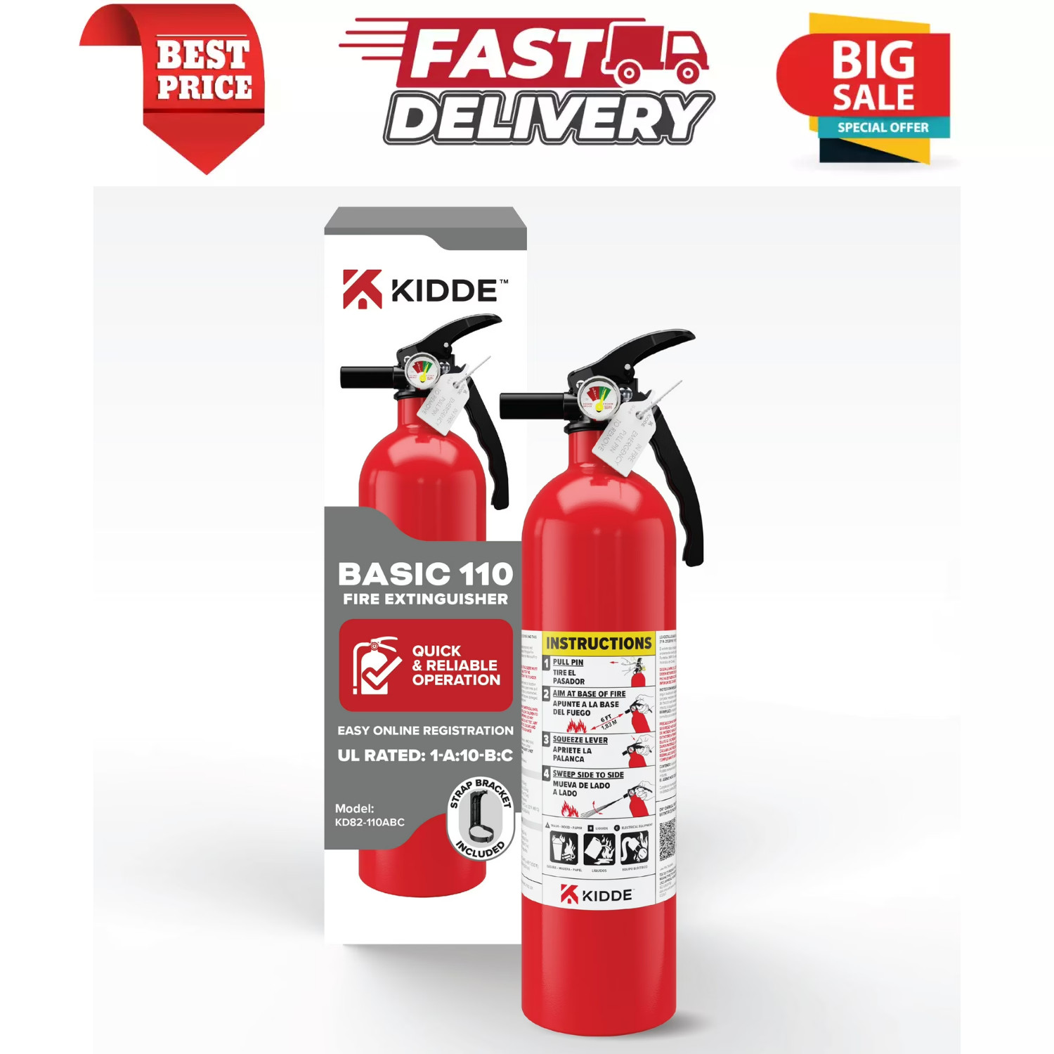Kidde Basic Fire Extinguisher for Home Safety, Residential 1A10BC, 2.5 lbs