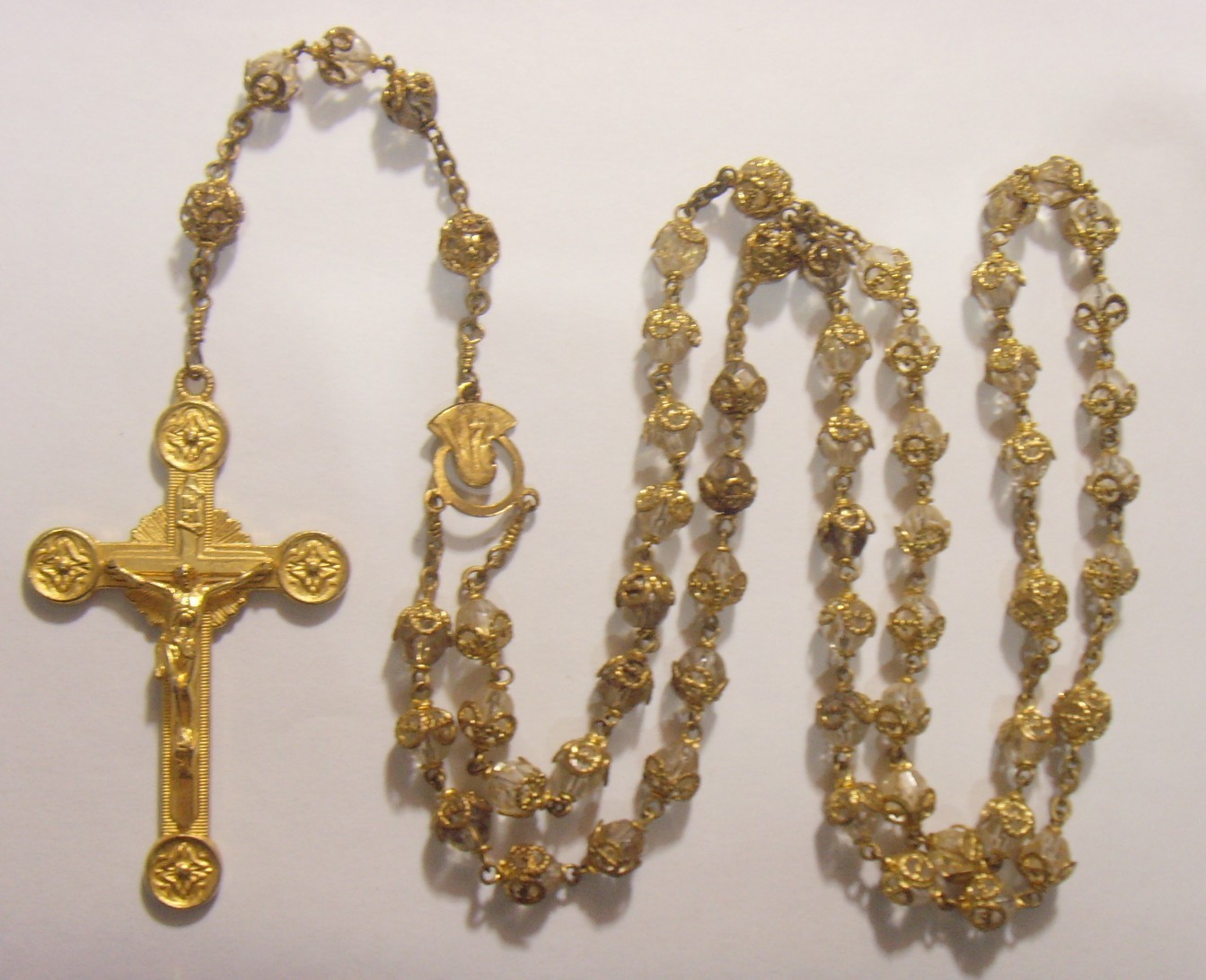 1890s antique 21 inch gold tone catholic rosary crucifix encaged beads 55222