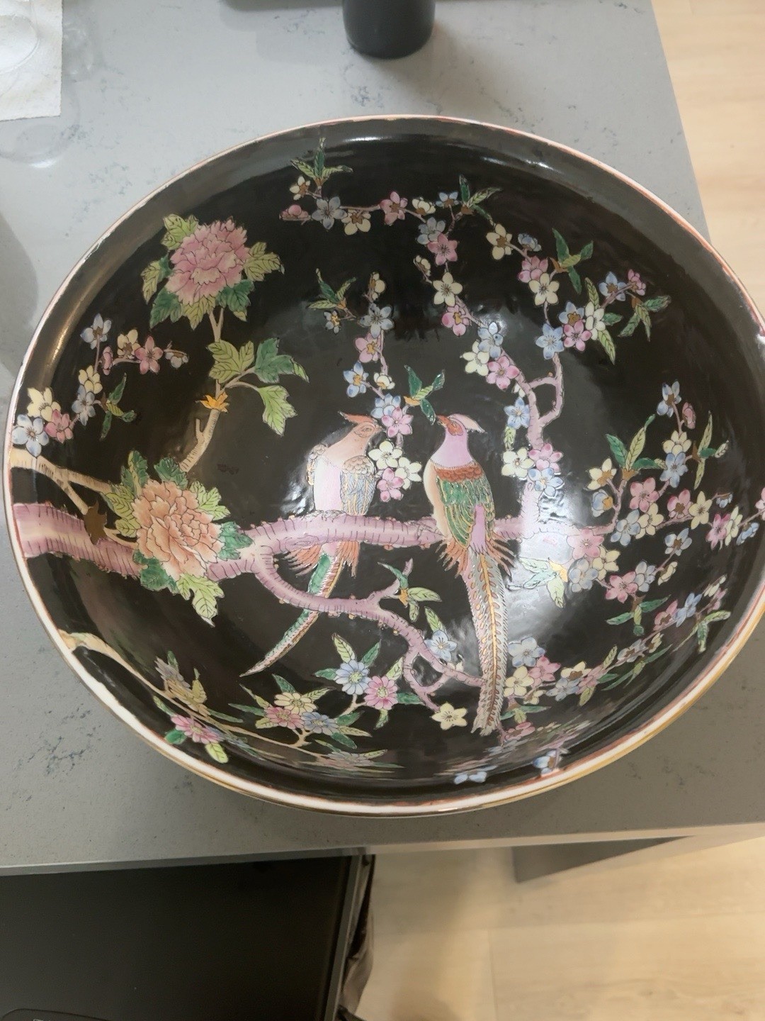 Large Vintage Chinese-Style Black Ground Bird & Floral Bowl