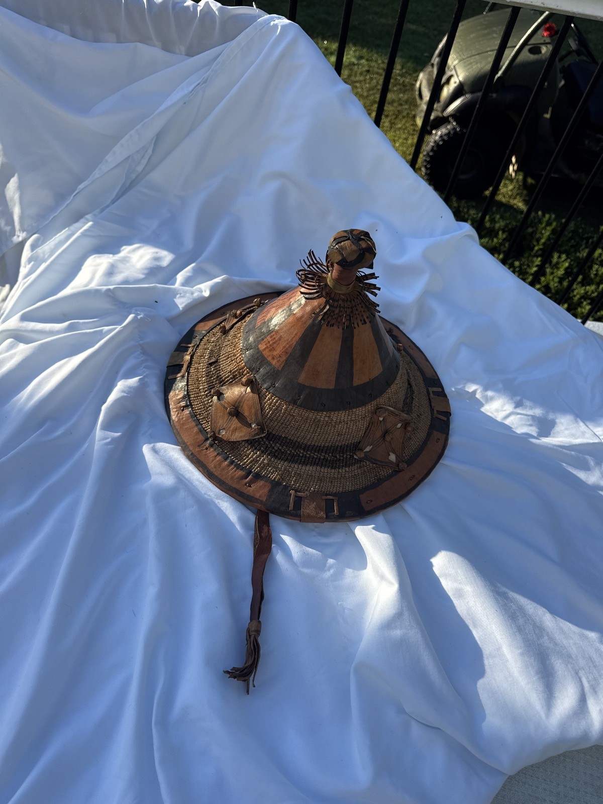 Vintage West African Fulani Handwoven Straw & Leather Conical Hat Vintage West African Fulani Handwoven Straw & Leather Conical Hat