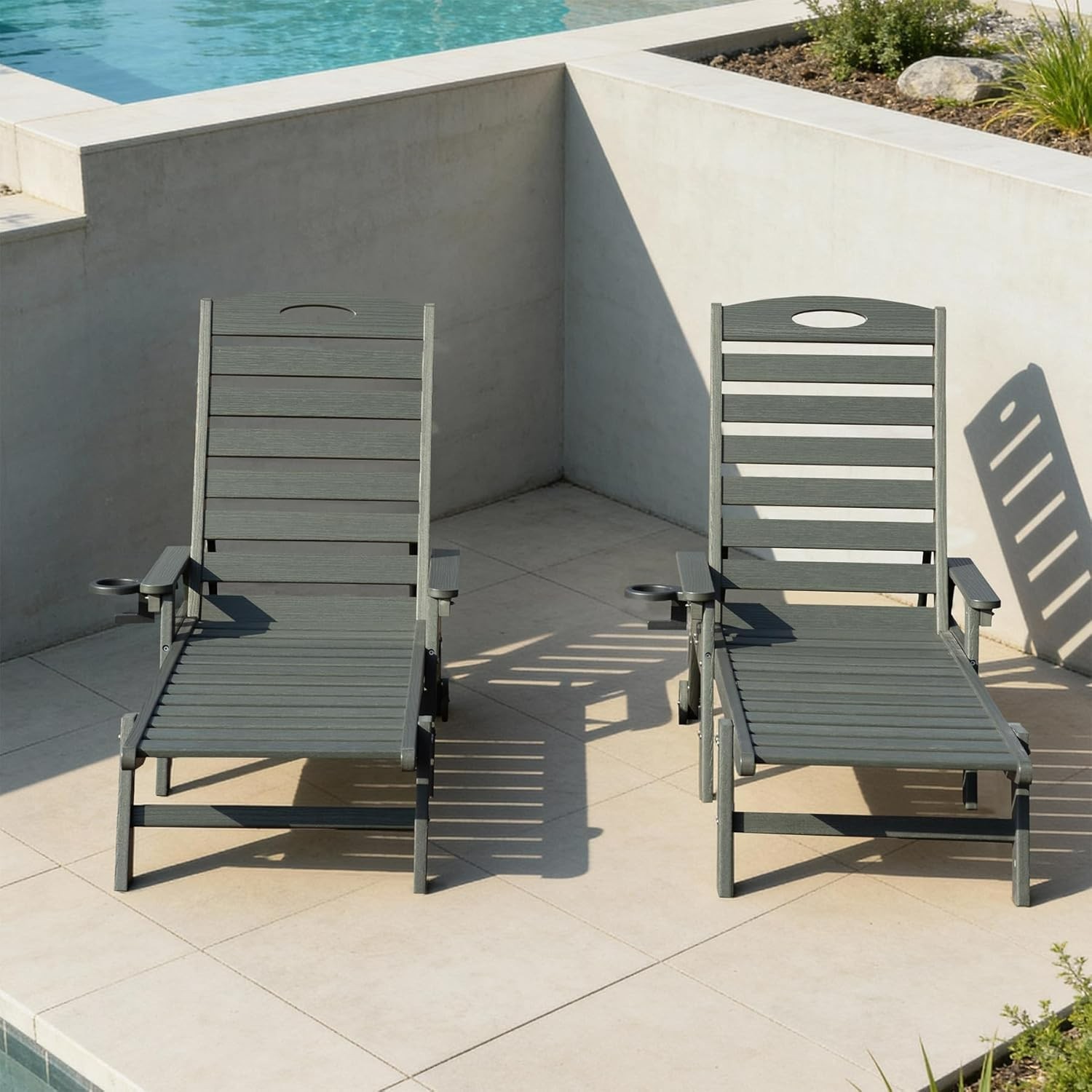 Domi Outdoor 2pcs HDPE Chaise Lounge w/Reclining Backrest for Patio,Grey