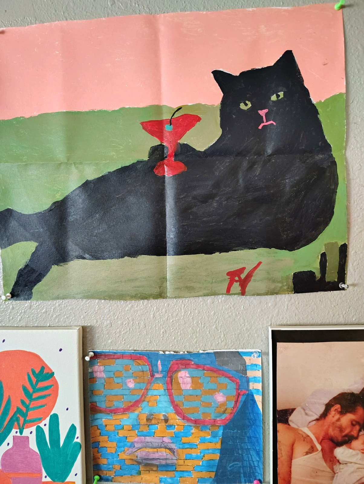 RY Original OOAK Signed Handmade Black Cat Painting, Unframed Contemporary Art RY Original OOAK Signed Handmade Black Cat Painting, Unframed Contemporary Art