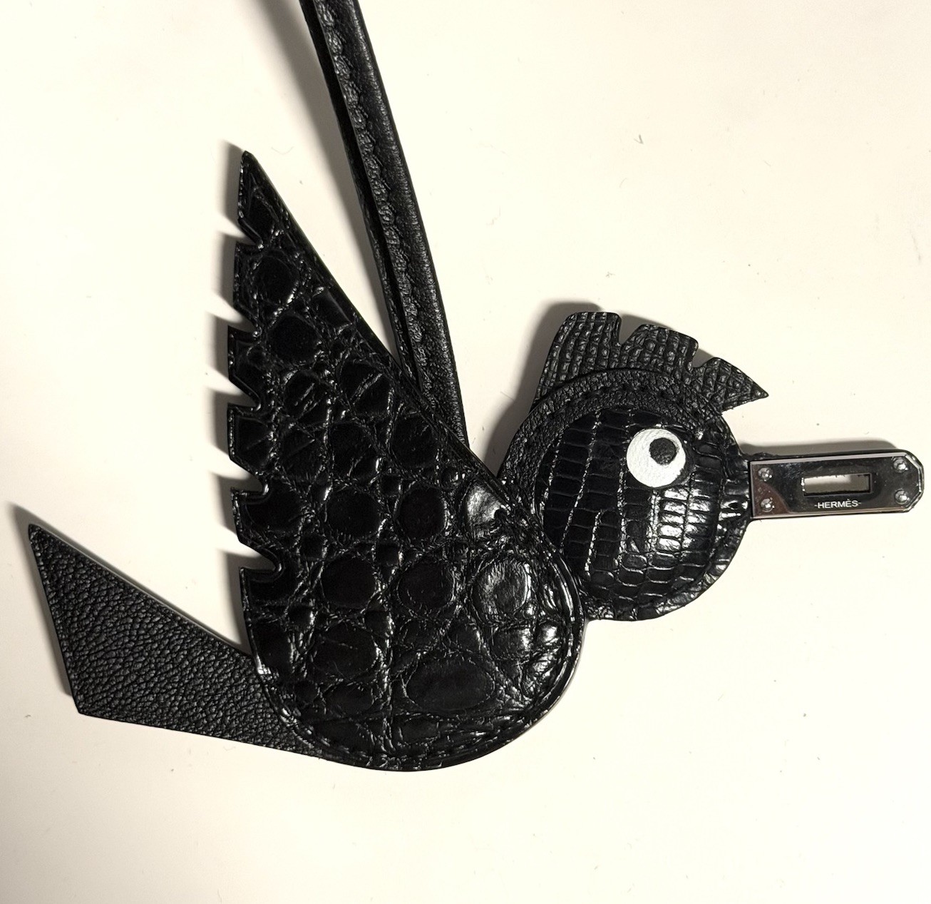 Hermes Birdie Charm Noir Black Alligator Lizard Chèvre Leather Print Bag Charm