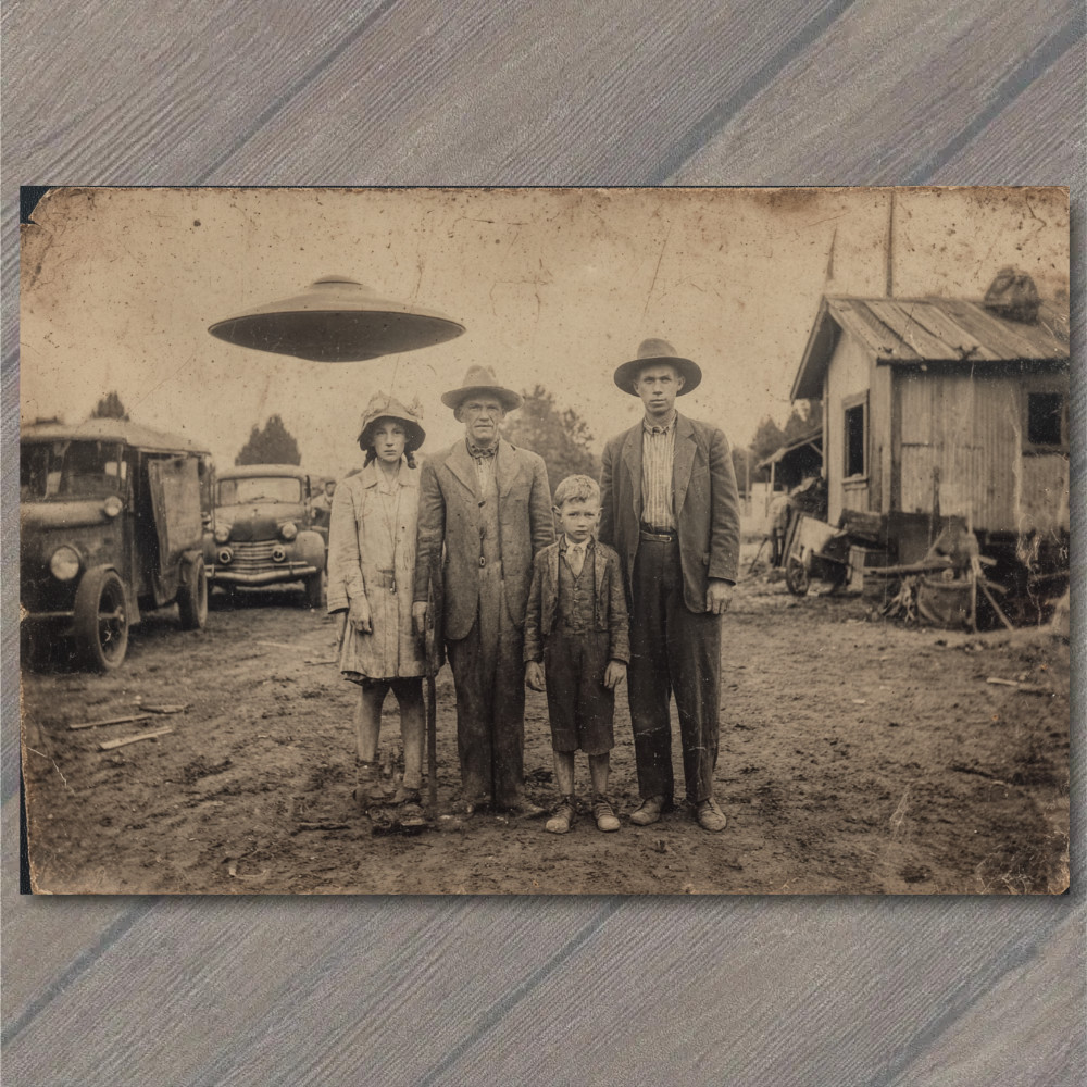 POSTCARD Alien UFO Flying Saucer Old Photo Rural Family Paranormal Strange Humor POSTCARD Alien UFO Flying Saucer Old Photo Rural Family Paranormal Strange Humor